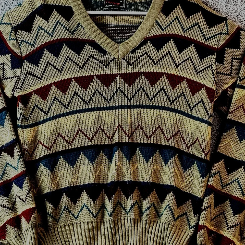 Vintage 80s JC Penny Prep‎ Shop Mens Medium Sweater Grandpa Geometric Sweater